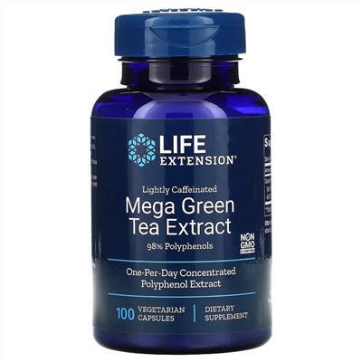 Life Extension, Мега экстракт зеленого чая, небольшое содержание кофеина, 100 растительных капсул