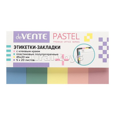 Набор самоклеящихся этикеток-закладок "Pastel" пластиковые полупрозрачные 45x20 мм, 5x20 листов, 5 пастельных цветов, в пластиковом пакете с европодвесом