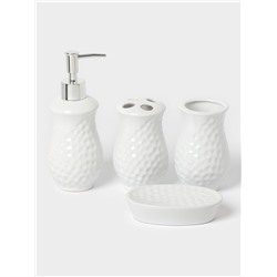Аксессуары для ванной Доляна «Рельеф», 4 предмета, дозатор 340 мл, мыльница, 2 стакана 300 мл, белые