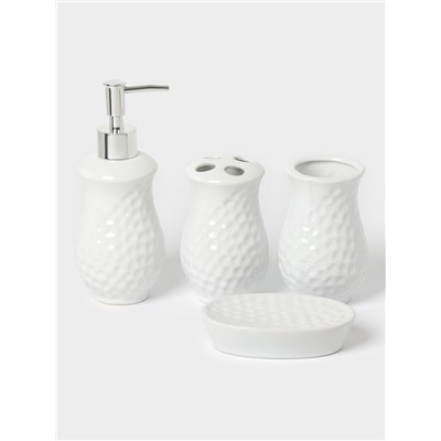 Аксессуары для ванной Доляна «Рельеф», 4 предмета, дозатор 340 мл, мыльница, 2 стакана 300 мл, белые