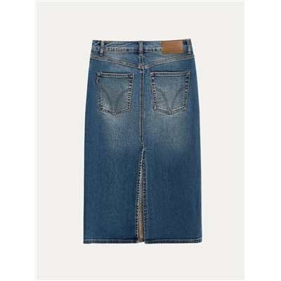 Актуальная коллекция CONTE CON-836 Джинсовая юбка-midi винтажной варки с дополнительной петлёй для к