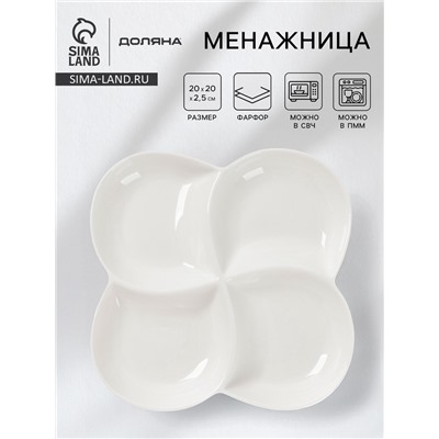 Менажница Доляна White Label, 4 секции, 20×2.5 см, фарфор, белая