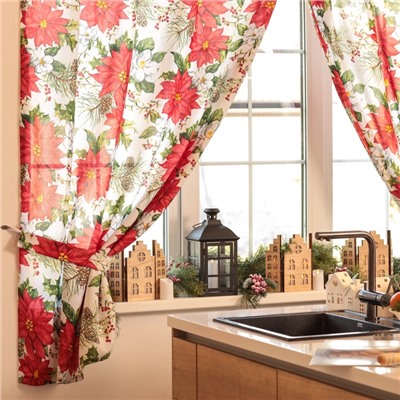 Комплект штор для кухни с подхватами «Доляна. Рождественские цветы», 2 шт., белые, 145×180 см