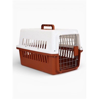 Переноска для животных, 49×31×31 см, с металлической дверью, пластик, белая, коричневая