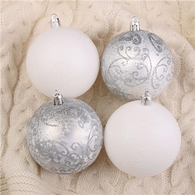 Ёлочные игрушки «Морозные узоры», шары новогодние, d=8 см, набор 6 шт., серебристо-белый