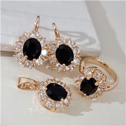 Комплект ювелирной бижутерии коллекция "Дубай" серьги, кулон и кольцо 17 р, покрытие позолота, вставка: фианиты, цвет: черный и прозрачный, арт.414.184-17