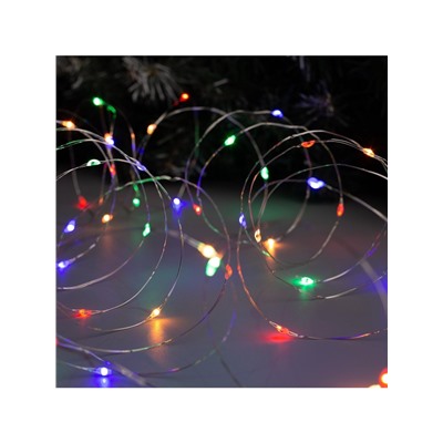 Гирлянда «Нить» 5 м роса, IP20, серебристая нить, 50 LED, 2 режима, батарейки AAх3 (нет в комплекте), свечение тёплое белое / мульти