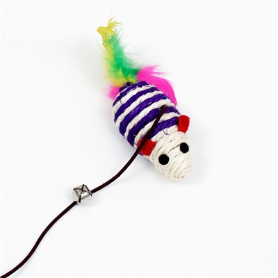 Дразнилка с мышкой (7 см) на деревянной палочке, 40 см, синяя/белая