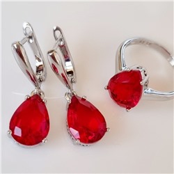 Комплект ювелирная бижутерия серьги и кольцо 17 р, покрытие: посеребрение, вставка: фианит, цвет: красный, арт.313.079-17