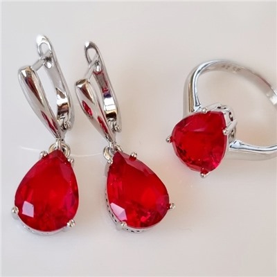 Комплект ювелирная бижутерия серьги и кольцо 18 р, покрытие: посеребрение, вставка: фианит, цвет: красный, арт.313.079-18