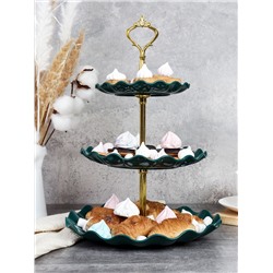 Ваза для фруктов 3-х ярусная 15/20/25 Круг Волна зеленая / D-1267 /уп 80/ Пластик