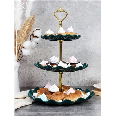 Ваза для сервировки 3-х ярусная 15/20/25 Круг Волна зеленая / D-1267 /уп 80/ Пластик/689068