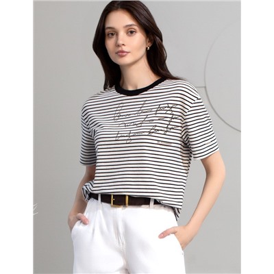 Свободная футболка в черно-белую полоску с принтом из премиального хлопка с эластаном