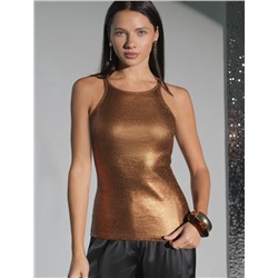 Топ с закрытым декольте из хлопка с эластаном в рубчик с матовым покрытием металлик