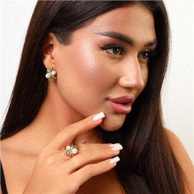 Комплект ювелирной бижутерии Итальянское золото (покрытие желтое 14к), серьги и кольцо, вставка: фианиты и искусственный жемчуг, р-р 19, Уценка, арт. 08.3207 (217.124-19 )