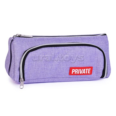 Пенал "Private" 21x8,5x8,5 см, треугольный для 70 предметов, текстильный, на молнии, с ручкой, наружный объемный карман на молнии с плавающей перегородкой, с каучуковой аппликацией, сиреневый