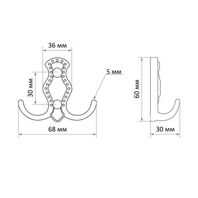 Крючок мебельный ТУНДРА TKd=023, двухрожковый, бронза