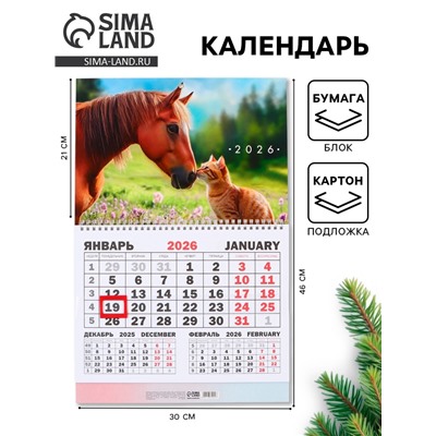 Календарь настенный квартальный 2026 «Лошадь с котенком», 30×46 см