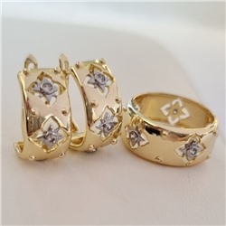 Комплект ювелирной бижутерии Итальянское золото (покрытие желтое 14к) серьги и кольцо 19 р, вставка: фианиты, цвет: прозрачный, арт.217.333-19