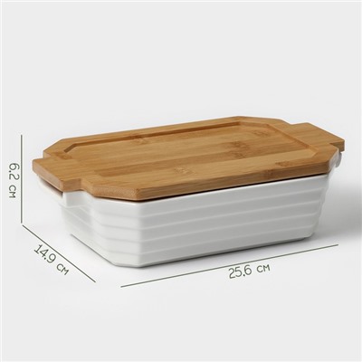 Форма для запекания BellaTenero, 1 л, 25.6×14.9×6.2 см, с бамбуковой крышкой, керамика, белая