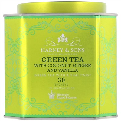 Harney & Sons, зеленый чай с кокосом, имбирем и ванилью, 30 пакетиков, 75 г (2,67 унции)