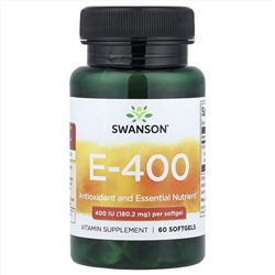 Swanson, E-400, витамин E, 180,2 мг (400 МЕ), 60 капсул