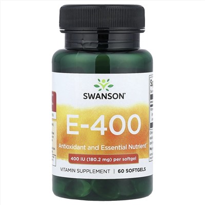 Swanson, E-400, витамин E, 180,2 мг (400 МЕ), 60 капсул
