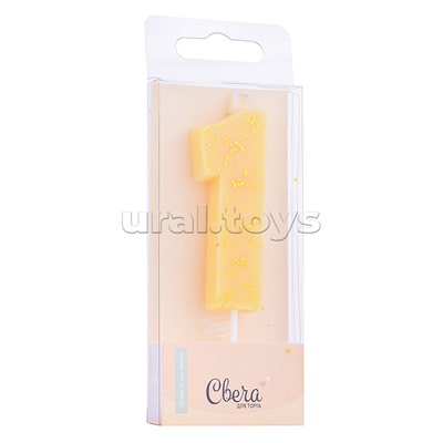 Свеча Цифра, 1, Кремовый, с блестками, 4,3*7,5 + 4,5 см, 1 шт. с держателем