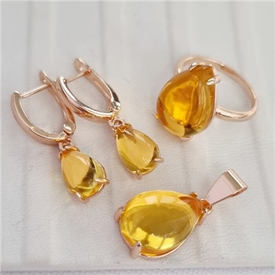 Комплект ювелирная бижутерия коллекция  "Дубай" серьги, кулон и кольцо 17 р, покрытие: позолота, вставка: пластик, цвет: желтый, арт.215.421-17