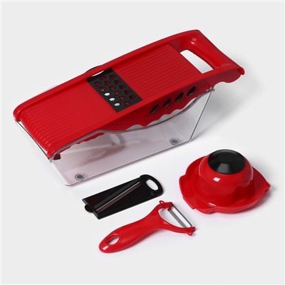 Тёрка с лотком Доляна Vegan, 6 насадок, 30×10.5×11 см, цвет зелёный, овощечистка металлическая, цвет красный