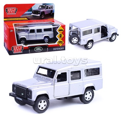 Машина металл Land Rover Defender 12 см, (двер, баг, серебристый) инерц, в коробке