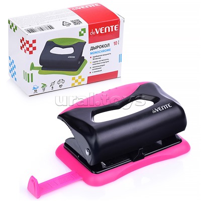 Дырокол "MonoChrome" (10 листов) пластиковый с каучуковой вставкой, с линейкой, в картонной коробке, черный с неоновым розовым