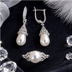 Комплект ювелирной бижутерии коллекция "Дубай", серьги и кольцо 19 р, покрытие посеребрение, вставка: фианиты и искусственный жемчуг, арт.007.342-19