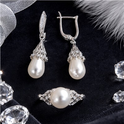 Комплект ювелирной бижутерии коллекция "Дубай", серьги и кольцо 19 р, покрытие посеребрение, вставка: фианиты и искусственный жемчуг, арт.007.342-19