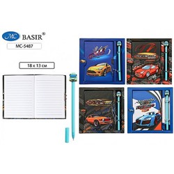 Подарочный набор: блокнот 180х130 мм 48л линия на замочке + ручка гелевая с наконечником-машинка "МАШИНЫ" МС-5487 Basir