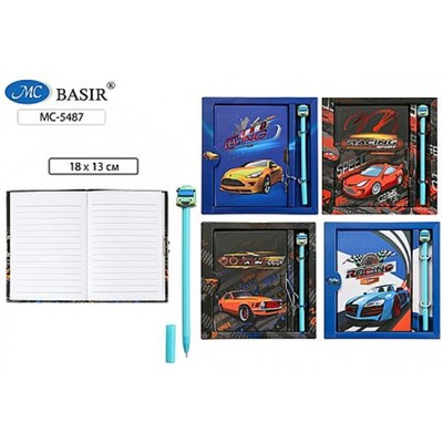 Подарочный набор: блокнот 180х130 мм 48л линия на замочке + ручка гелевая с наконечником-машинка "МАШИНЫ" МС-5487 Basir