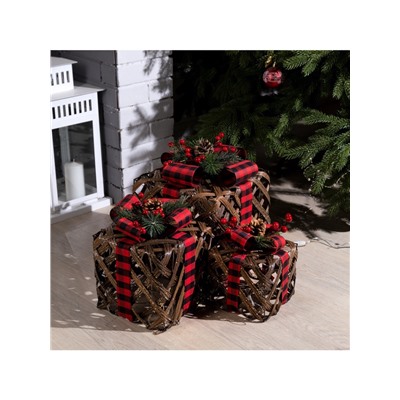 Светодиодная фигура «Коричневые плетёные подарки» 15, 20, 25 см, текстиль, металл, 220 В, свечение тёплое белое