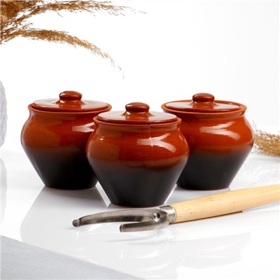 Горшочки для запекания Вятская керамика «Трио», набор 3 шт., ухват, 500 мл, коричневые