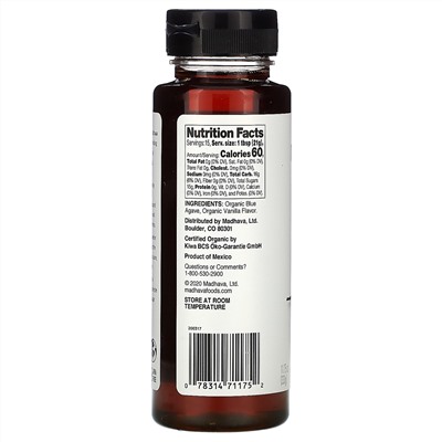 Madhava Natural Sweeteners, Органическая агава, ваниль, 333 г (11,75 унций)
