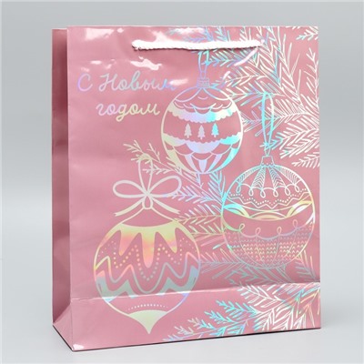 Пакет новогодний подарочный голографический «С Новым годом», M 26×30×9 см