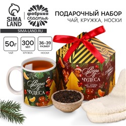 Подарочный набор «Верь в чудеса»: чай чёрный, вкус: глинтвейн, 50 г, кружка 300 мл., носки 36 - 39 размер