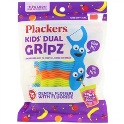 Plackers, Kid's Dual Gripz, детские зубочистки с нитью, с фтором, фруктовый смузи, 75 шт.