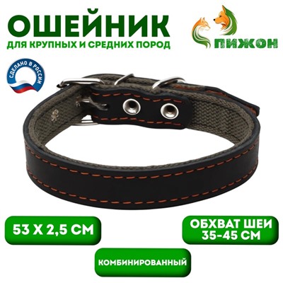 Ошейник комбинированный кожа/брезент, 53×2.5 см, ОШ 35-45 см, чёрный