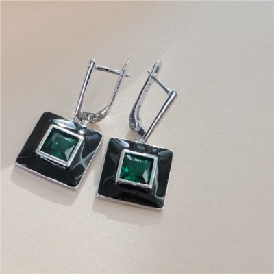 Серьги подвески с камнем, покрытие посеребрение, вставка: эмаль и фианиты, цвет: черный и зеленый, арт.215.284