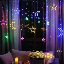 Гирлянда-занавес светодиодная Месяц и Звезда 3х1 м 48 LED 8 режимов / L127 / L125/уп 30/ разноцветный
