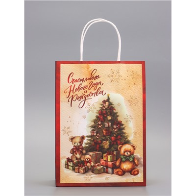 Пакет бумажный подарочный новогодний крафт «Счастливого Нового Года» 18×8×25 см
