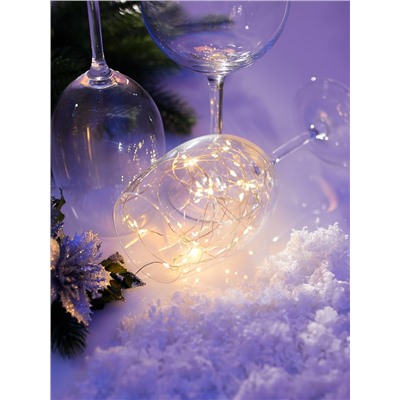 Гирлянда «Нить» 3 м, роса, IP20, серебристая нить. 30 LED, от батареек AG13×3, 3 режима, свечение тёплое белое