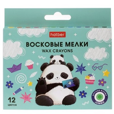 Мелки восковые 12цв "Плюшевые панды" JUMBO корпус 11мм (089690) Хатбер
