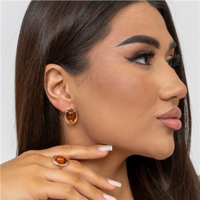 Комплект ювелирной бижутерии коллекция "Дубай",серьги и кольцо покрытие позолота, камень янтарь, р-р 18,5, 7602, арт.216.357-18,5