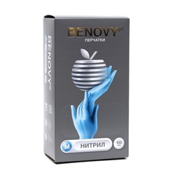 Перчатки Benovy, нитриловые, медицинские, 3 г, размер M, 100 пар, голубые